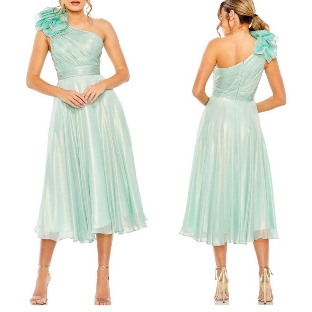 NWT Mac Duggal Rosette One Shoulder Tea Length Dress